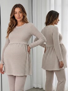 SHEIN Women's Comfortable Fashion Round Neck Long Sleeve Khaki Striped Maternity T-Shirt - Khaki - View 7