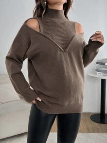SHEIN Maternity Solid Color Cutout Shoulder Long Sleeve Casual Sweater, Autumn & Winter - Khaki - View 3