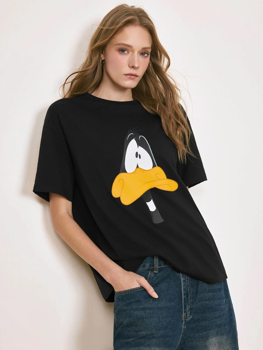 LOONEY TUNES X SHEIN Áo thun nữ tay ngắn in họa tiết hoạt hình phong cách thường ngày - màu đen - Xem 1
