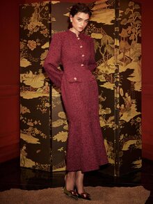 BELROSIE Gaun Panjang Wanita Elegan, Modis, Nyaman, dan Kasual dengan Desain Kancing Logam - Burgundy - View 5