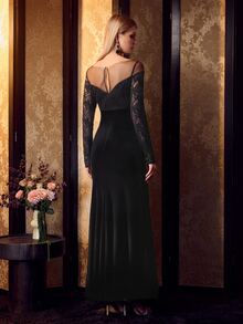 MOTF Soiréza WOMEN'S LACE PATCHWORK SQUARE NECK ELEGANT MERMAID EVENING DRESS - Black - View 3