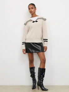 Maija Women's Striped Sailor Collar Button Design Long Sleeve Sweater - Apricot - View 3