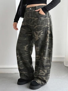 Dazy Plus Plus Size Women's Camouflage Loose Casual Streetwear Vacation Spring/Autumn Long Denim Jeans - Army Green - View 5