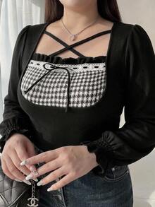 Dazy Plus Early Fall New Korean Style Neck Tie Bow Patchwork Plaid Cuffed T-Shirt Birthday Going Out Black Romantic Elegant - Black - View 1