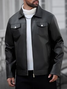 Manfinity CasualCool Men's Solid Color Zipper Casual Versatile Daily Travel Long Sleeve Jacket - Black - View 4