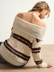 Bohemela Women's Striped Off-Shoulder Long Sleeve Cable Knit Fashion Sweater - Multicolor - View 7