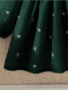 Souflis Souflis 幼女 A 字裙 可愛甜美 深綠色 蕾絲蝴蝶結印花 百褶長袖圓領 常規款 生日派對 秋季保暖 公主學院風 - 彩色 - 查看 5