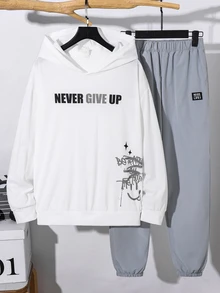 SHEIN 2件組青少年男孩百搭圓領短袖白色T恤與灰色慢跑褲T恤套裝，Y2K風格套裝 - 彩色 - 查看 6