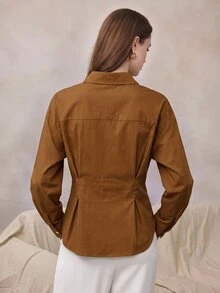 Zovinel قميص نسائي كاجوال بخصر مطوي وأزرار وأكمام طويلة - بني - مشاهدة 2