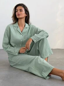 Livesso Women's Striped Pocket Button-Up Top And Pants Pajama Set - Green - View 3