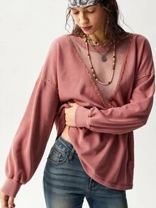 Bohemela 休閒純色針織圓領長袖寬鬆水洗女款衛衣 - 橘色 - 查看 8