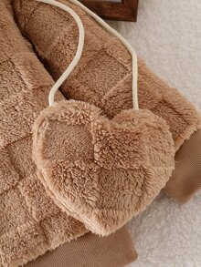 Elladie kids 女童春夏/秋冬毛絨連帽外套，格紋紋理抓絨拉鍊外套，搭配同款愛心造型斜挎包，可愛休閒外套，適合女童日常出遊、家庭旅行與拍照 - 卡其色 - 查看 8