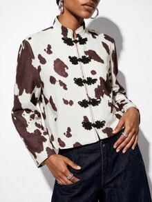 Aveloria GENKIRA Women's Fall Tweed Jacket, Off-White Colorblock Cow Print Animal Pattern, 3D Contrast Frog Buttons, Handmade Heavy Embellishment, Retro 70s Brunch - Multicolor - View 4