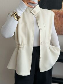 Dazy Plus Small Stand Collar Sleeveless Cinched Waist Tie Casual Loose Regular Fit Jacket - Beige - View 6