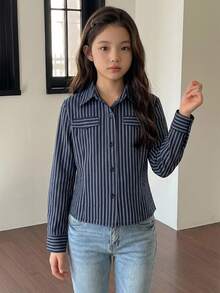 Hapijoa 大童女孩秋季服飾 (大號) 有領短袖襯衫 夏季 - 藏蓝色 - 查看 3