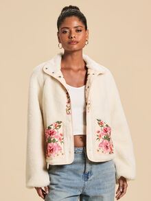 Travachic Women's Floral Print Pocket Faux Fur Coat - White - View 4
