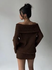Aloruh 女款淺灰色露肩高領長袖迷你針織洋裝，上鬆下緊，冬季時尚性感約會外穿秋季上衣 - 咖啡棕 - 查看 2