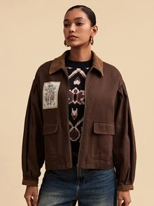 Travachic Women's Floral Pattern Zipper Casual Vintage Cottagecore Versatile Long Sleeve Jacket Travel Everyday Brown Floral Fall - Brown - View 5