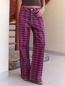 Nöista 女款條紋口袋設計直筒寬鬆休閒牛仔褲 - 玫紅色 - 查看 2