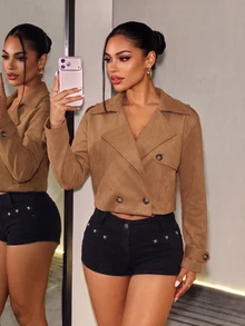 BamGleam Women's Solid Color Casual Versatile Daily Long Sleeve Jacket - Brown - View 4