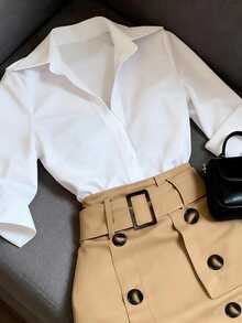GlowEve CURVE White Collared Shirt With Square Buckle High Waist A-Line Mini Skirt - White - View 6