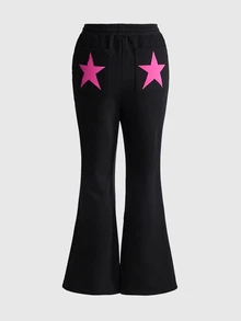 ROMWE Grunge Punk Women's 2pcs Set Star Patchwork Embroidered Letter Vintage Colorblock Black & Pink Hooded Jacket With Colorblock Flared Pants - Black - View 3