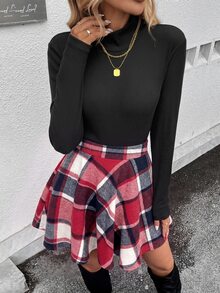 SHEIN LUNE 秋季/黑色百搭羅紋長袖高領T恤 + 格紋A字裙 時尚學院風休閒穿搭 2件套 日常上學 紅色格紋 - 紅色 - 查看 4