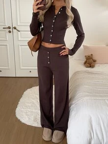 CovetEZ Women's Solid Color Long Sleeve Single-Breasted Knit Cardigan And Knit Pants Casual 2 Pieces Set - Brown - View 4