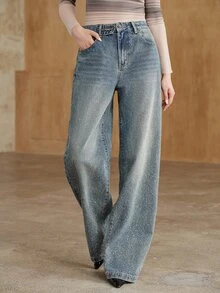 Anewsta Women's Casual Straight Leg Denim Jeans With Pockets And Buttons For Daily Wear - Blue - View 5
