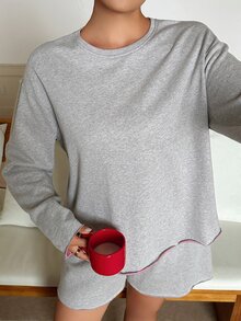 Dazy Plus Set Pakaian Santai 2 Potong: Kaos Lengan Pendek Polos Longgar & Celana Pendek Piyama Lurus - Grey - View 5