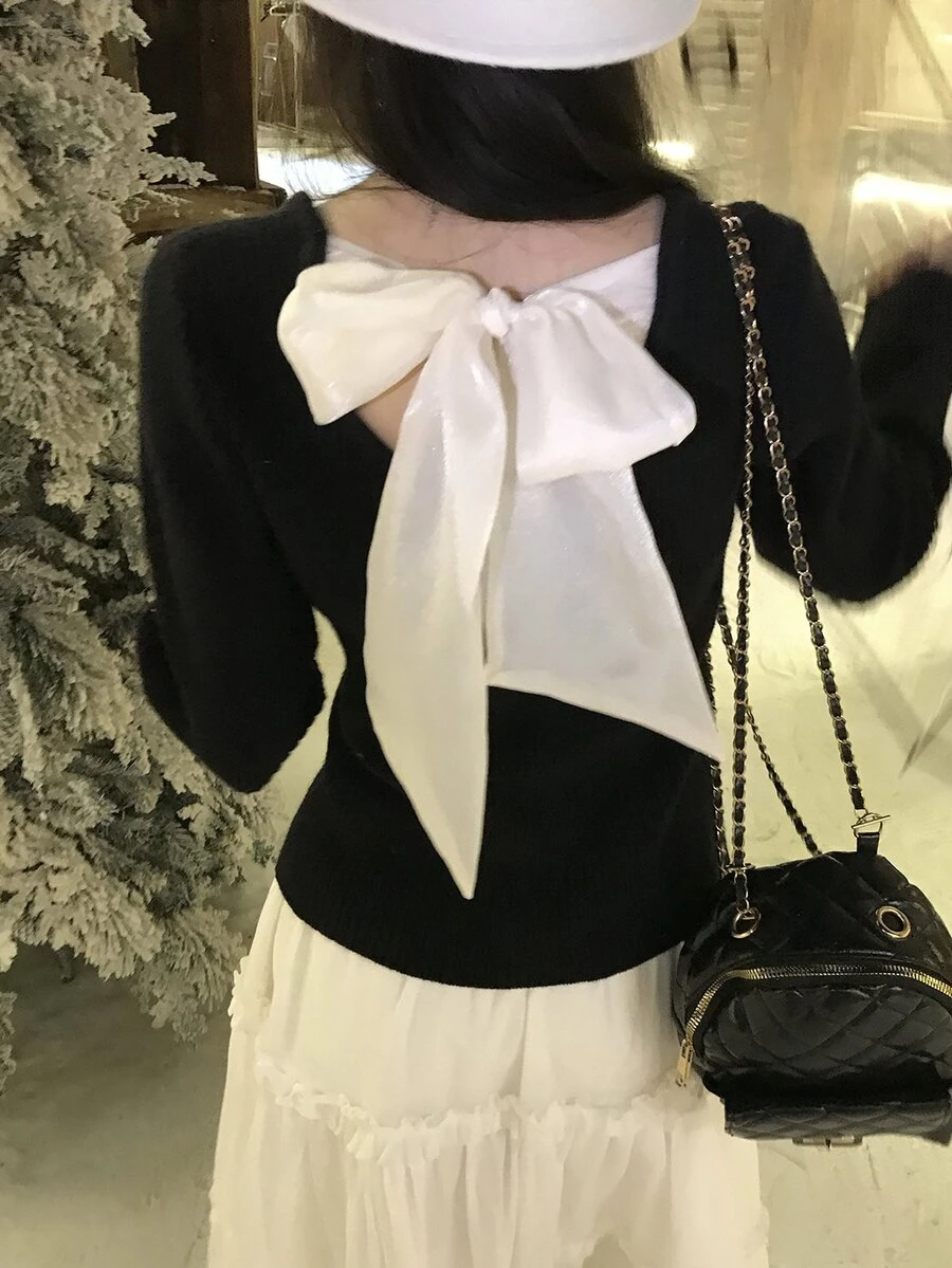 DAZY 女款圓領長袖後背打結設計時尚毛衣 - 黑色 - 查看 1