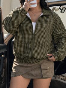 Muchica 法式格紋女款大尺碼夾克外套，休閒優雅，適合返校、辦公室、時尚與正式場合（秋冬） - 軍綠色 - 查看 4