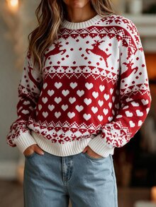 EMERY ROSE Women's All-Over Print Casual Versatile Daily Long Sleeve Sweater - Red - View 7
