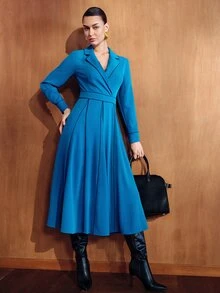 MOTF PREMIUM WOMEN'S BLUE COMMUTER SPLIT DESIGN SPROUT TRIM ELEGANT MID-LENGTH DRESS - Blue - View 7