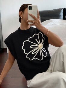 Siren Gaze 女款針織短袖圓領極簡時尚上衣，針織毛衣花卉款，適合夏季度假、休閒、聖誕節假期與度假村穿著 - 黑色 - 查看 6