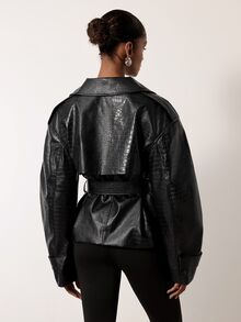 MERLEAU Women's Modern Sexy Elegant Black Textured Belt Design Jacket Night Out Fall - Black - View 2