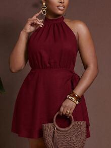 Veslaya Plus Size Women Solid Color Side Knot Fashion Halter Neck Dress - Red - View 5