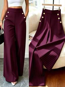 SHEIN LUNE CURVE Plus Striped Print Button Decor Wide Leg Pants Fall - Burgundy - View 1