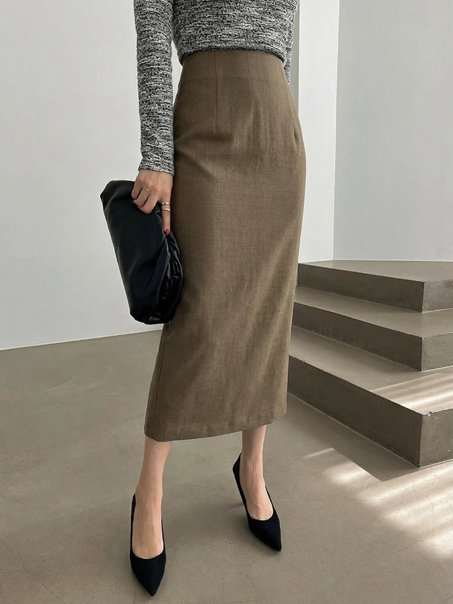 DAZY Women's Solid Color Elegant Work Wear Straight Slit Skirt,Pencil Skirt Fall Skirts - Khaki - View 1