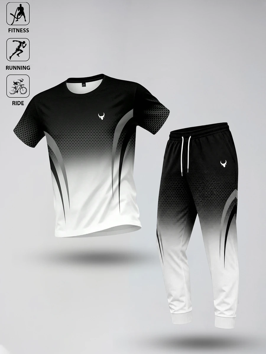 Gym Rark Men's Gradient Color Short Sleeve Top And Long Pants Casual Daily Sports Outfit - Multicolor - View 1