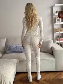 DAZY Women's All-Over Print Long Sleeve Top And Pants Casual Daily Home Pajama Set - White - View 2