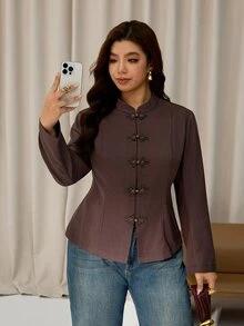 Auralis Autumn/Winter New Chinese Style Frog Button Decor Cinched Waist Brown Plus Size Blazer/Elegant Commute Daily - Brown - View 2