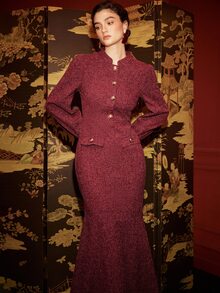 BELROSIE Gaun Panjang Wanita Elegan, Modis, Nyaman, dan Kasual dengan Desain Kancing Logam - Burgundy - View 6