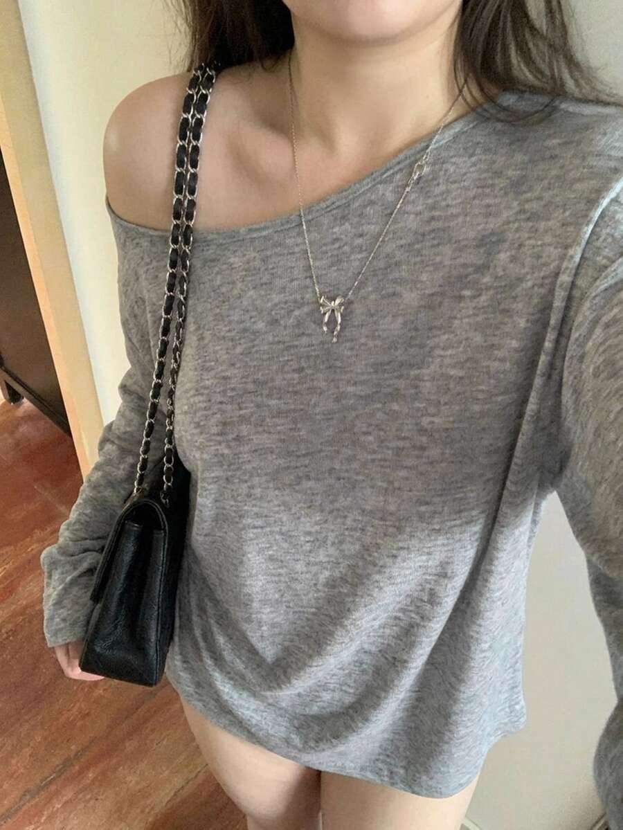 Dazy Plus Plus Size Women's Solid Color Korean Style Asymmetrical Cold Shoulder Slit Plus Size Loose T-Shirt Homewear Evening Grey Casual Cargo - Grey - View 1