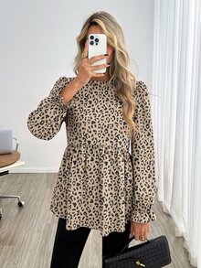 Easowa Women's Casual Khaki Leopard Print Basic Shirt, Suitable For Autumn/Winter Daily Wear - Multicolor - View 3