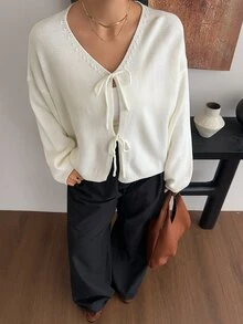 Dazy Plus Autumn/Winter Bowknot V-Neck Loose Lazy Soft Cardigan New Sweater - White - View 7