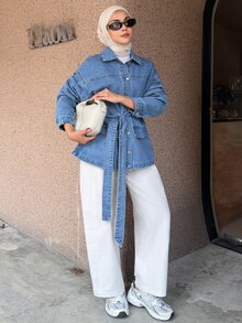DAZY Women's Dropped Shoulder Long Sleeve Single-Breasted Waist Tie Casual Denim Jacket - Blue - View 4
