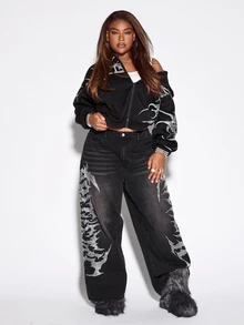 ROMWE Street Life Plus Size Women's Autumn/Winter Street Style Casual Printed Gothic Zip-Up Hooded Long Sleeve Sweatshirt - Black - View 4
