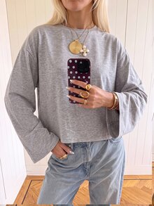 SHEIN EZwear 海外長袖草莓巧克力條紋上衣，秋季上衣，適合日常通勤、派對、秋冬春夏、聖誕節、新年、感恩節、派對、婚禮、海灘、畢業典禮、優雅、外出、約會、通勤、情人節、度假、Y2K、畢業典禮等場合 - 灰色 - 查看 4