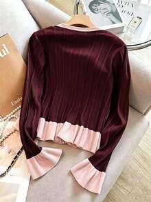 Franclia Women's Colorblock Casual Versatile Daily Wear Cardigan - Burgundy - View 2